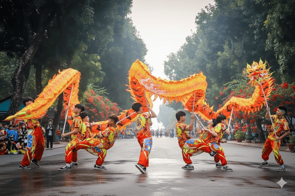 Vietnamese dragon dance is a vibrant traditional performance symbolizing power, prosperity, and good fortune